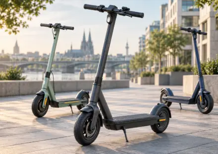 Drei E-Scooter in Anthrazit, Mint und Dunkelblau auf einem städtischen Platz im Morgenlicht – KI-generiertes Symbolbild.