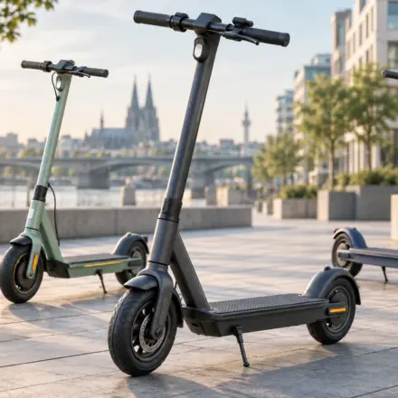 Drei E-Scooter in Anthrazit, Mint und Dunkelblau auf einem städtischen Platz im Morgenlicht – KI-generiertes Symbolbild.